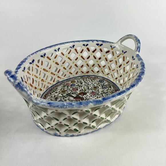 Ceramicas De Coimbra Portugal Hand Painted Pierced Bowl Floral Birds 10"x7"x3" - Picture 1 of 12